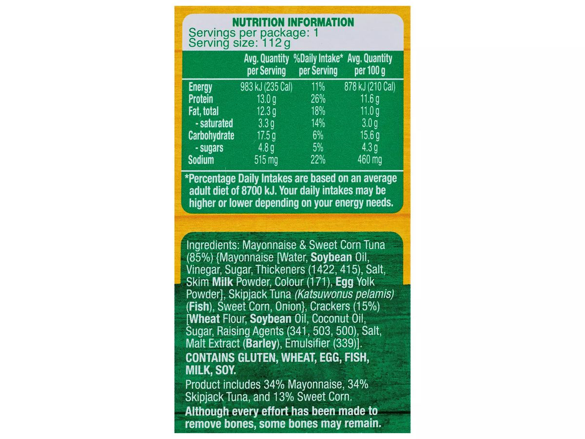 Pack photograph of PORTVIEW Mayo And Sweetcorn Tuna Treats With Crackers 112g showing the printed nutrition panel