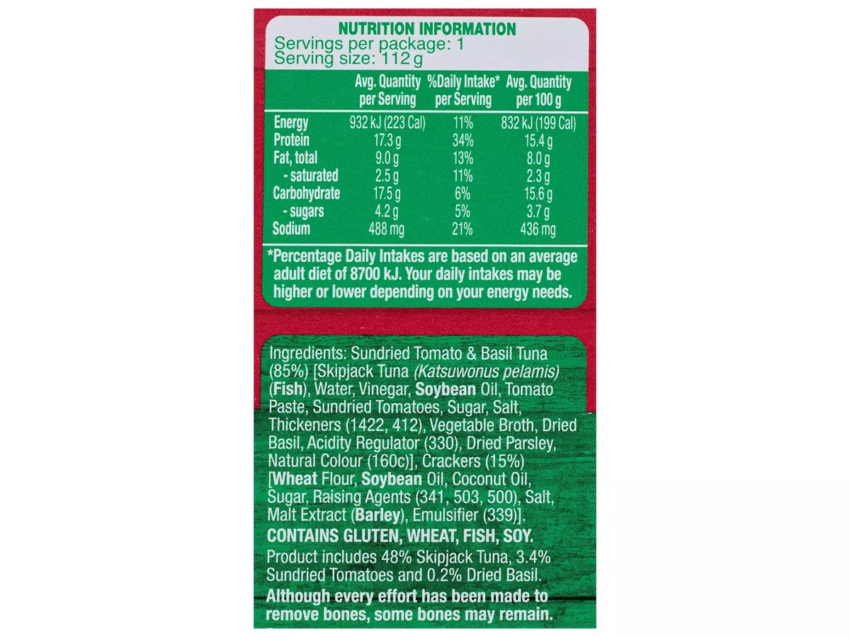 Pack photograph of PORTVIEW Sundried Tomato And Basil Tuna Treats with Crackers 112g showing the printed nutrition panel