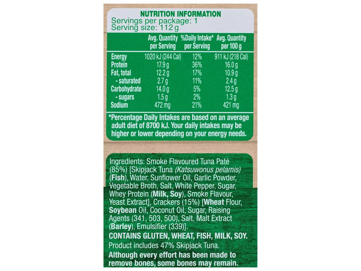 Pack photograph of PORTVIEW Smoke Flavoured Tuna Pate Treats with Crackers 112g showing the printed nutrition panel