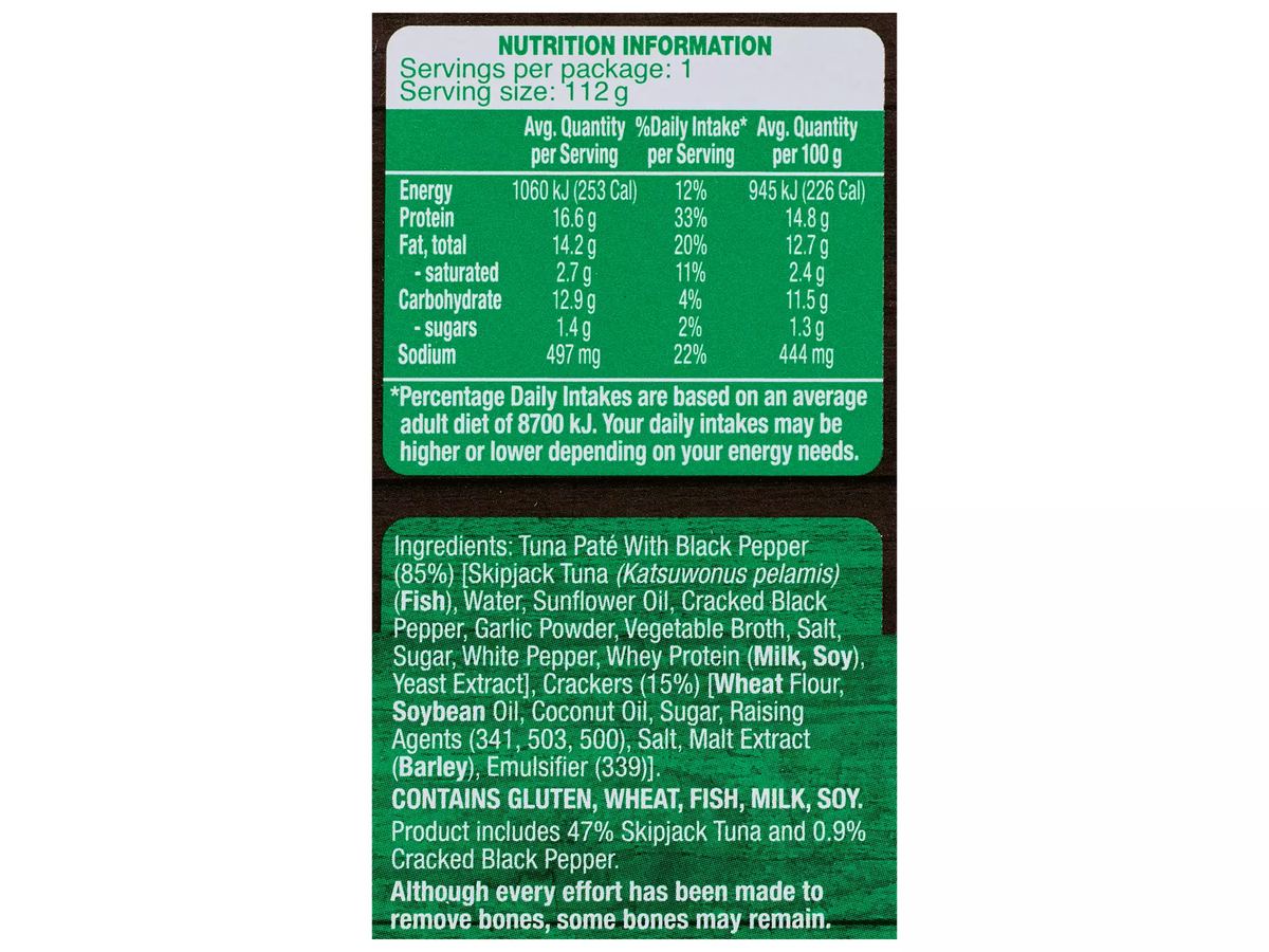 Pack photograph of PORTVIEW Tuna Pate With Black Pepper Treats with Crackers 112g showing the printed nutrition panel