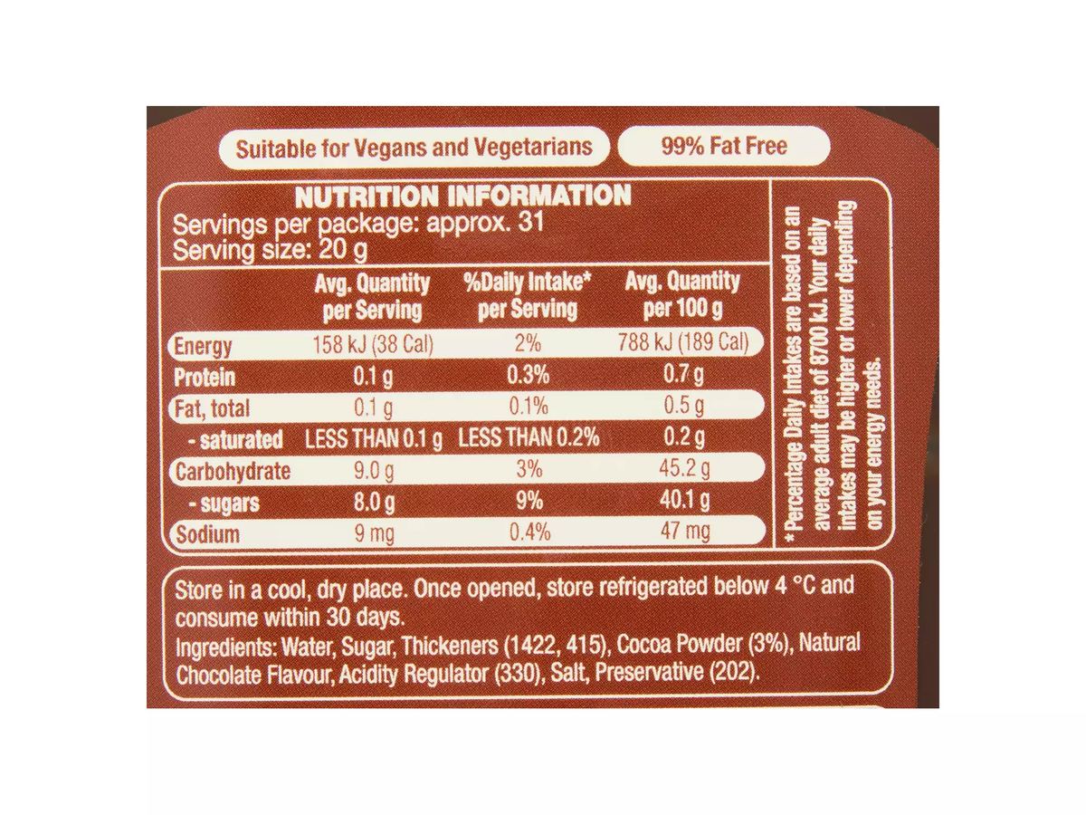 Pack photograph of BROOKDALE Chocolate Ice Cream Topping 615g showing the printed nutrition panel