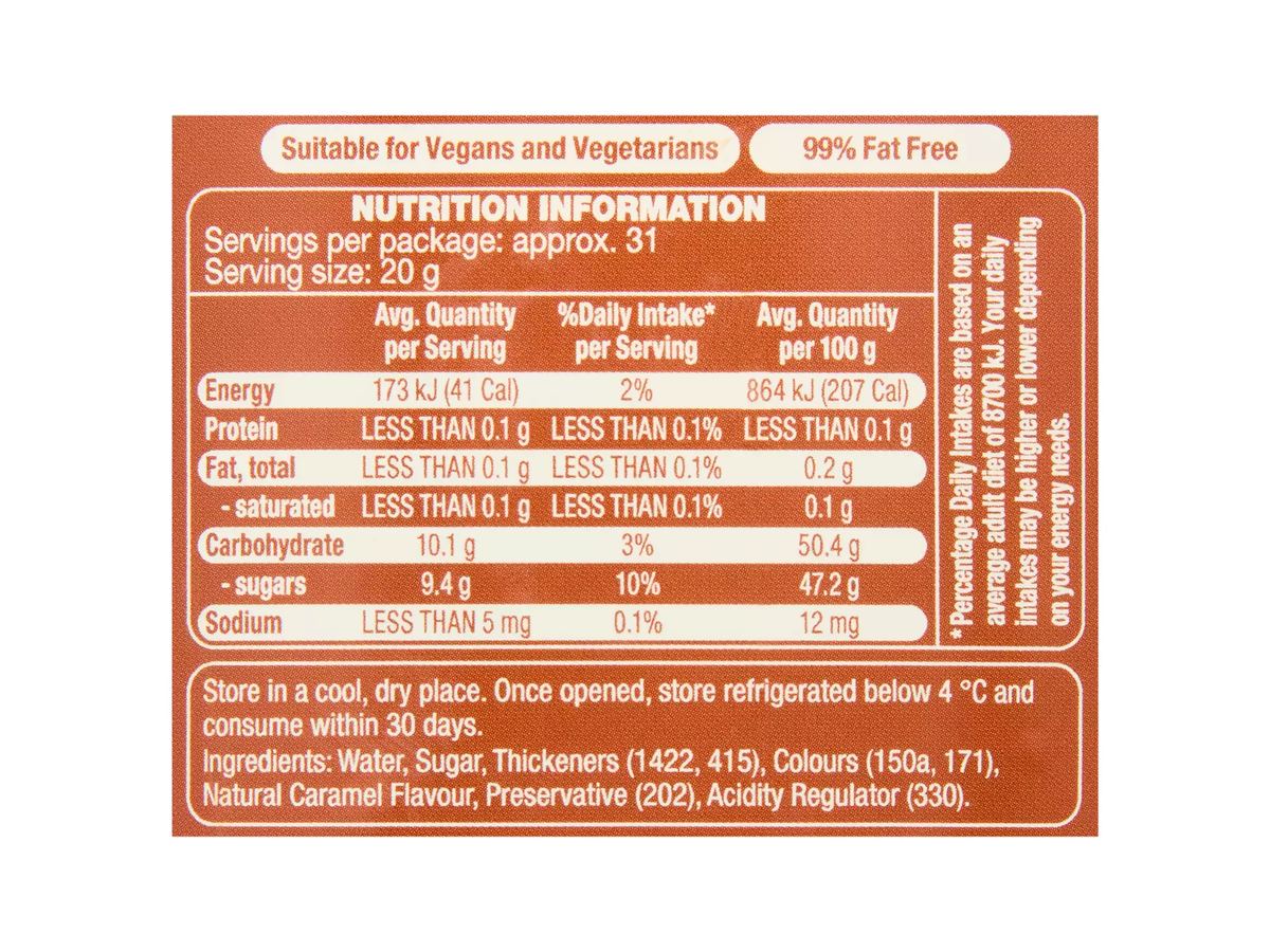 Pack photograph of BROOKDALE Caramel Ice Cream Topping 625g showing the printed nutrition panel