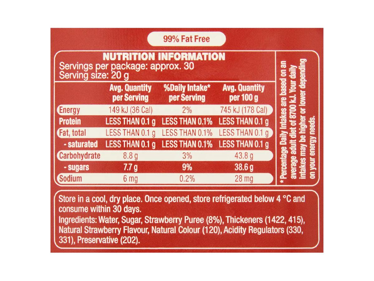 Pack photograph of BROOKDALE Strawberry Ice Cream Topping 605g showing the printed nutrition panel