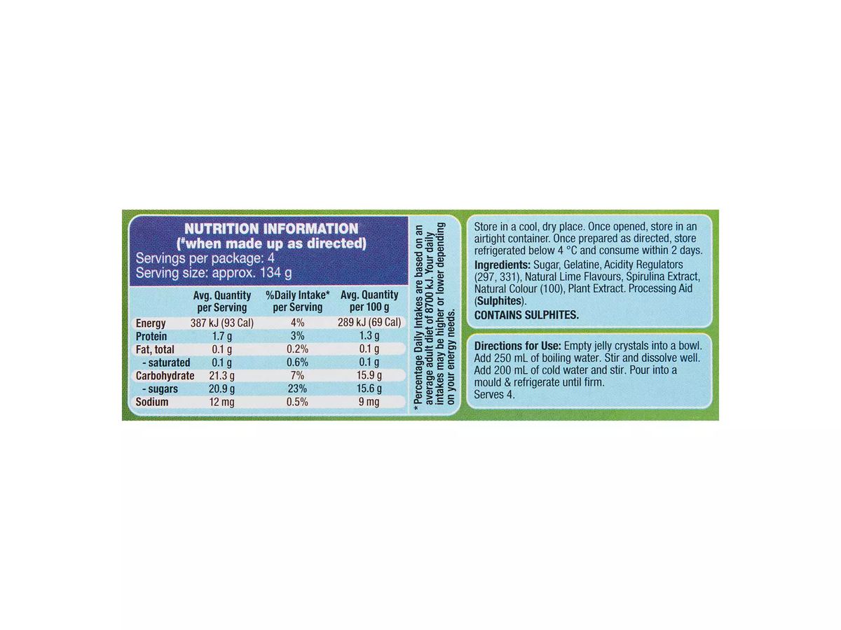 Pack photograph of BROOKDALE Lime Jelly 85g showing the printed nutrition panel