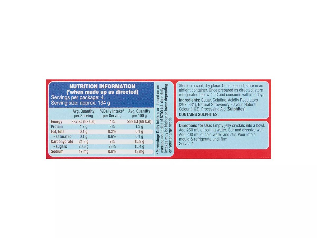 Pack photograph of BROOKDALE Strawberry Jelly 85g showing the printed nutrition panel