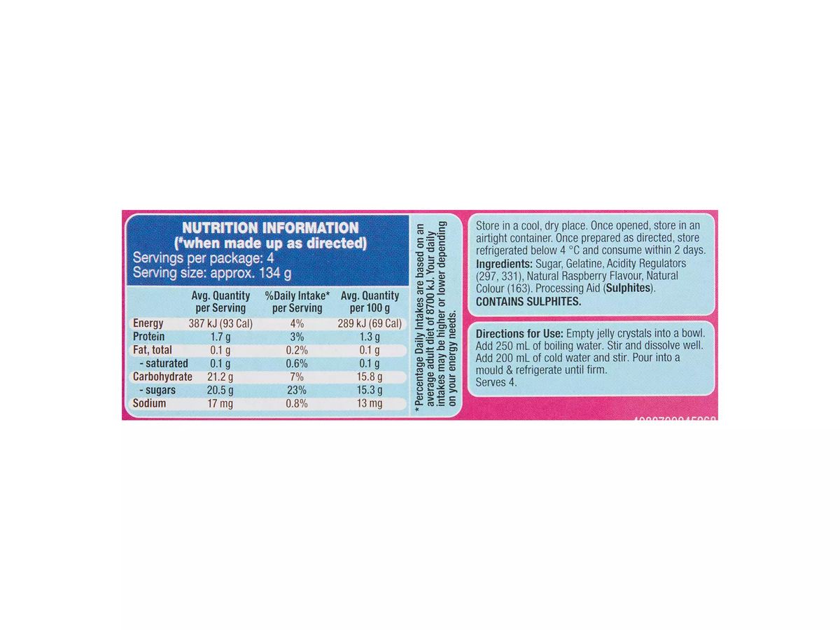 Pack photograph of BROOKDALE Raspberry Jelly 85g showing the printed nutrition panel