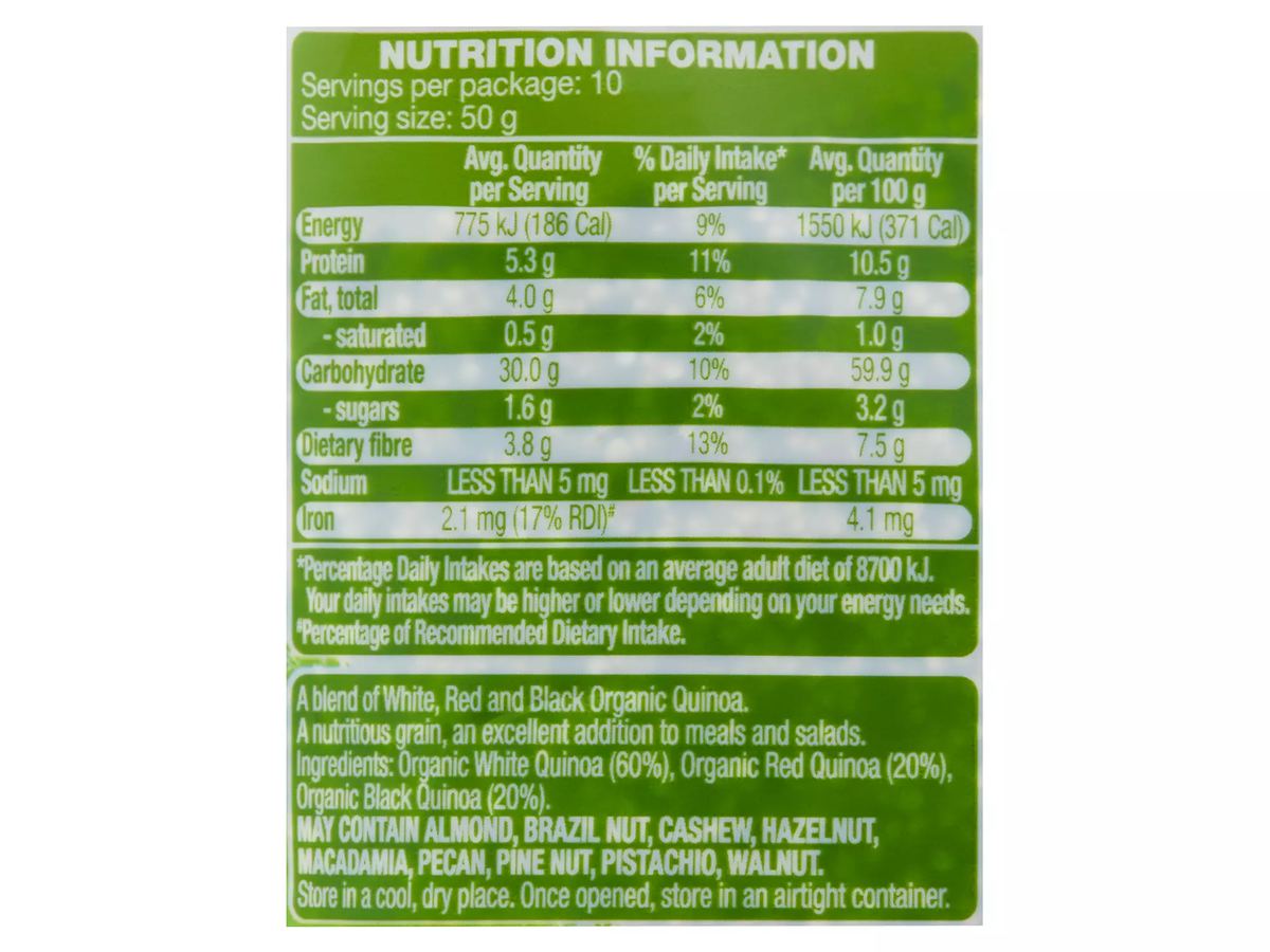 Pack photograph of OH SO NATURAL WHOLEFOODS Organic Tricolour Quinoa 500g showing the printed nutrition panel