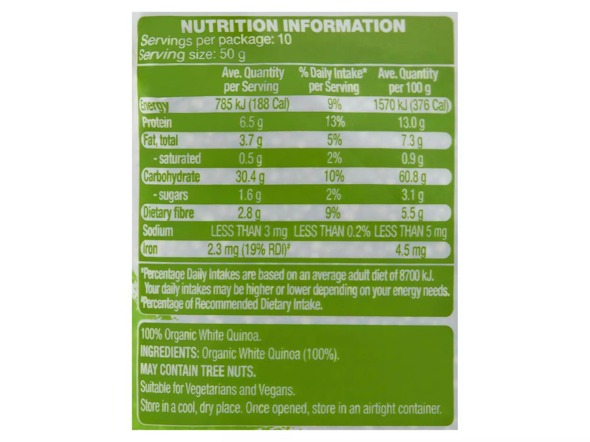 Pack photograph of OH SO NATURAL WHOLEFOODS Organic White Quinoa 500g showing the printed nutrition panel