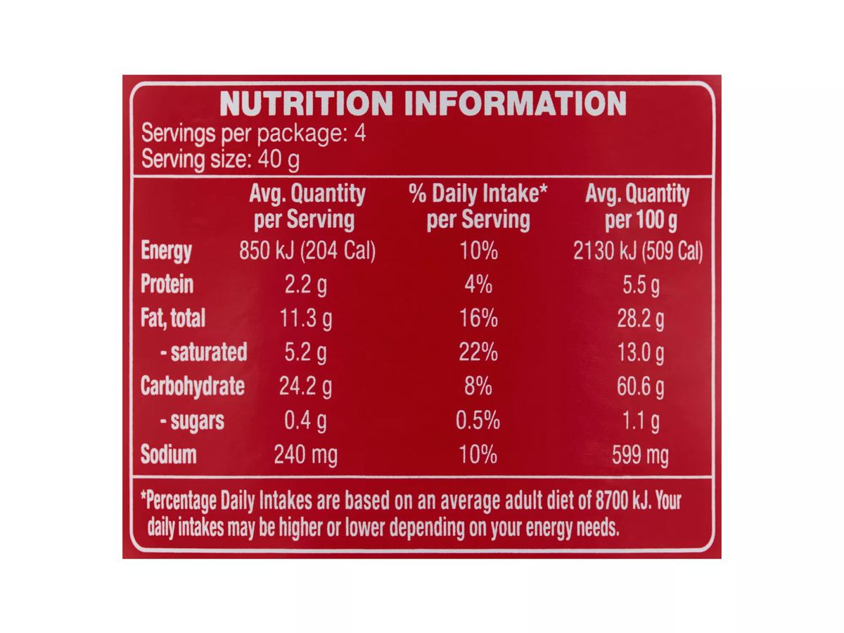 Pack photograph of SPRINTERS Snack Stack Chips Original Flavour 160g showing the printed nutrition panel