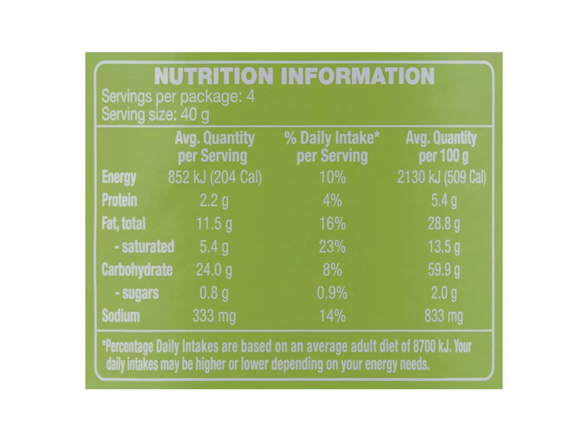 Pack photograph of SPRINTERS Snack Stack ChipsSour Cream & Onion Flavour 160g showing the printed nutrition panel