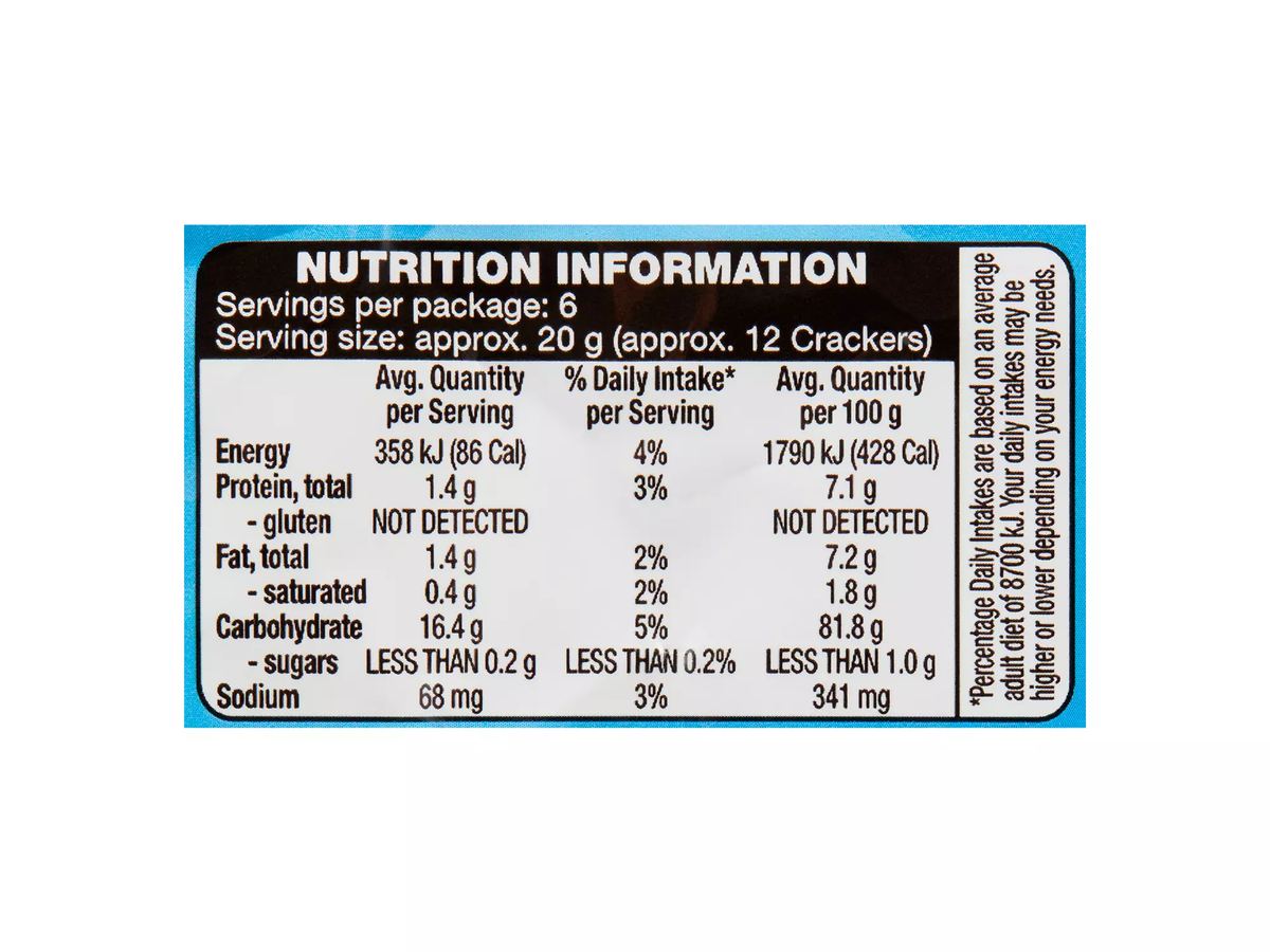 Pack photograph of DAMORA Thin & Crispy Original Rice Crackers 6 Pack 120g showing the printed nutrition panel