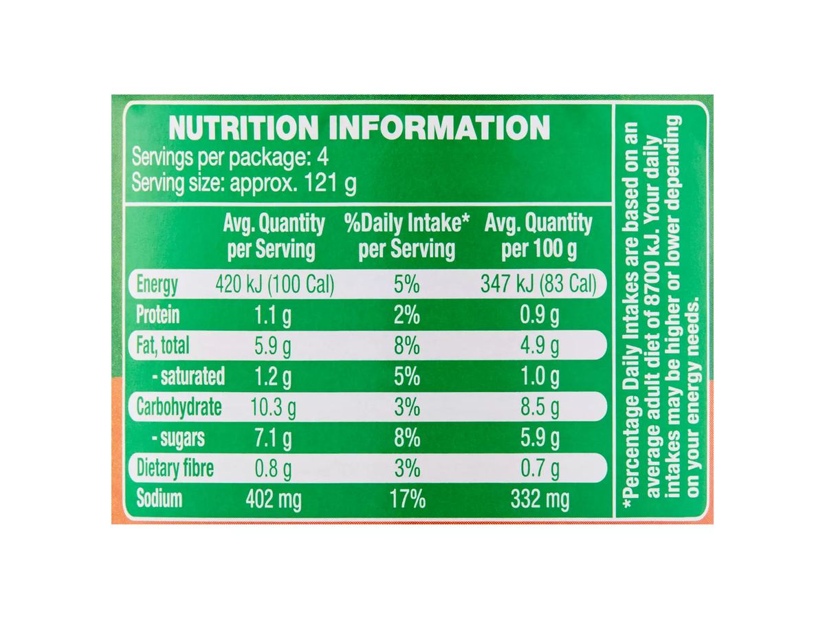 Pack photograph of COLWAY Honey Mustard Simmer Sauce 485g showing the printed nutrition panel