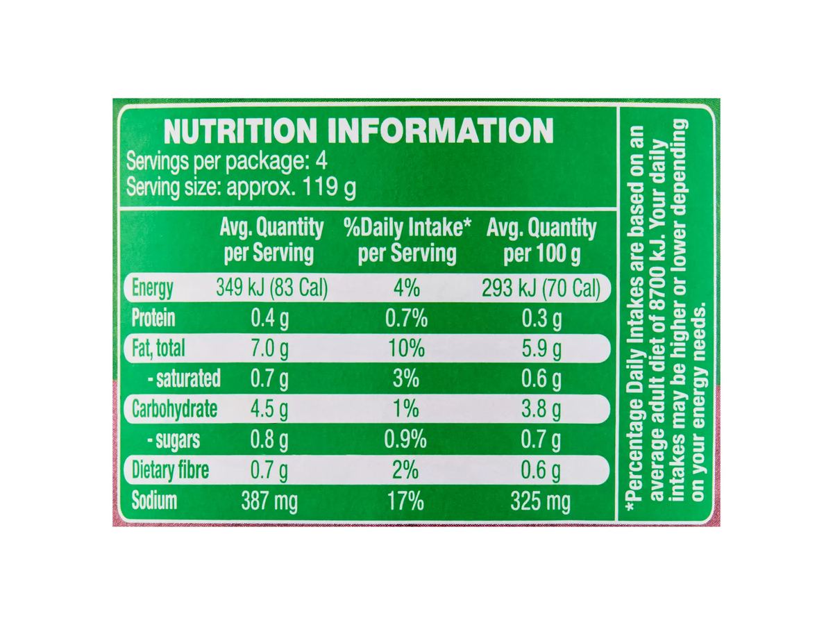 Pack photograph of COLWAY Creamy Mushroom Simmer Sauce 475g showing the printed nutrition panel