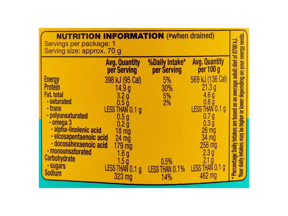Pack photograph of OCEAN RISE Yellowfin Tuna in Lite Oil 95g showing the printed nutrition panel