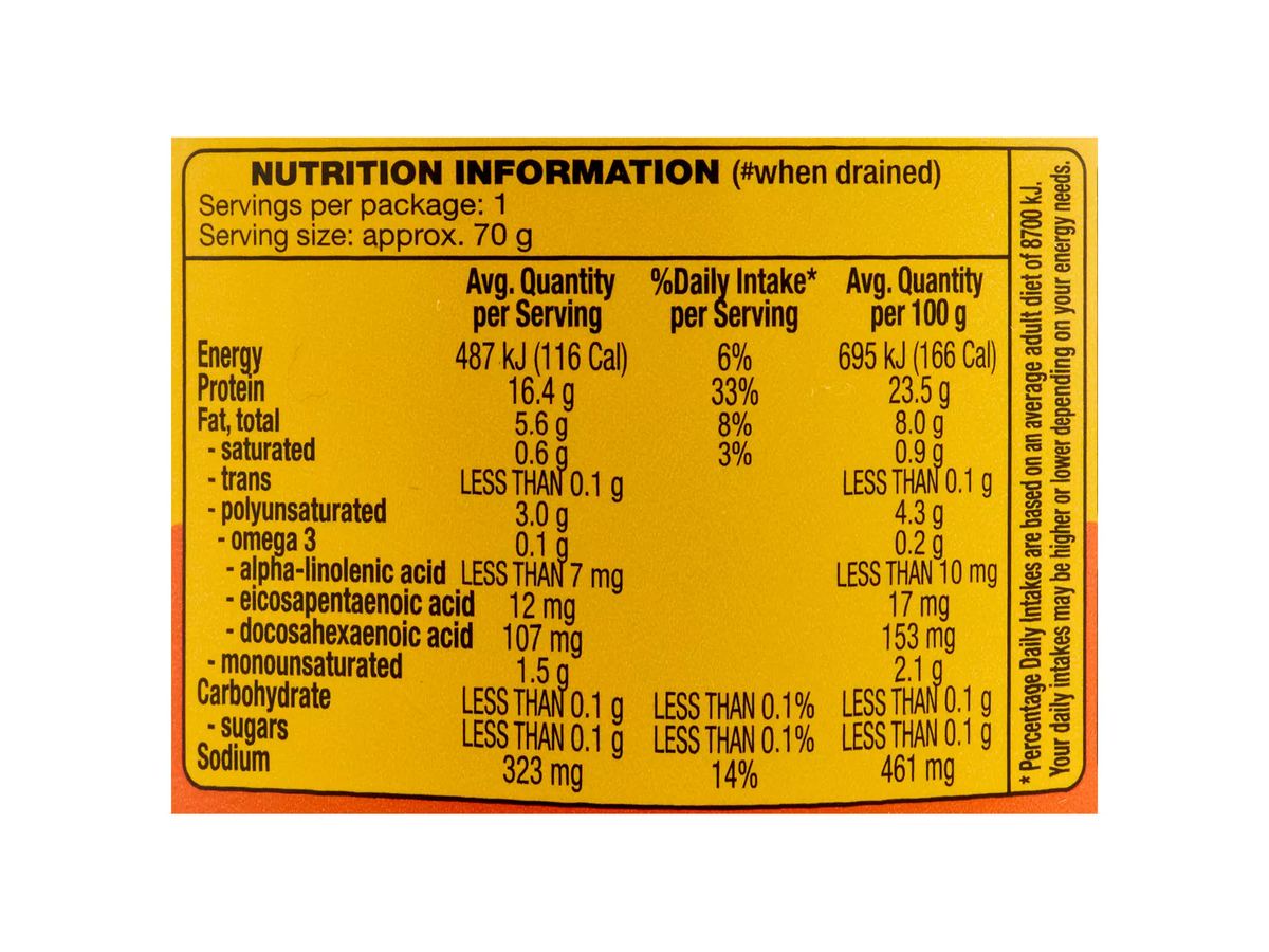 Pack photograph of OCEAN RISE Yellowfin Tuna with Ginger and Soy 95g showing the printed nutrition panel
