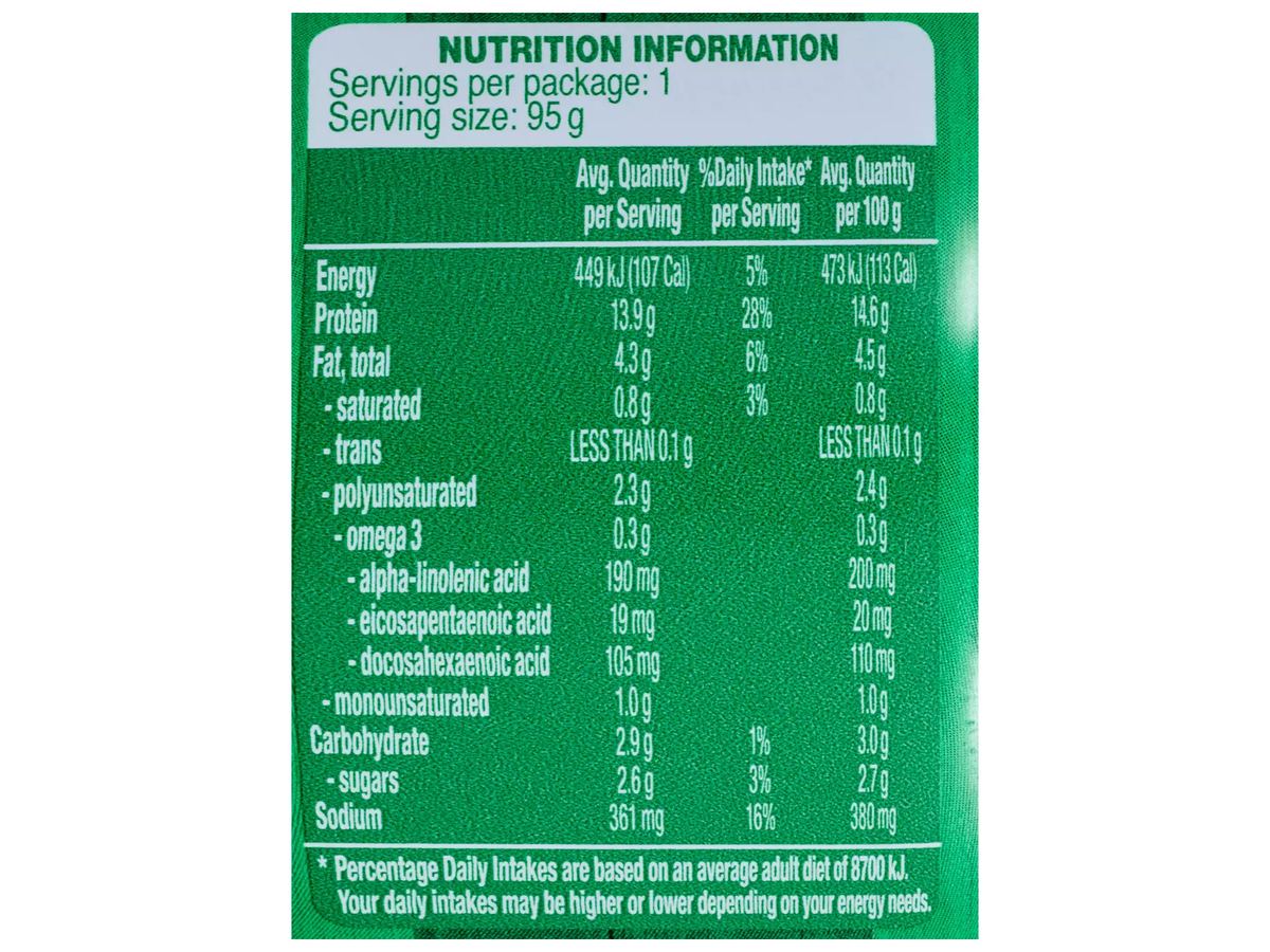 Pack photograph of PORTVIEW Tomato & Basil Tuna 95g showing the printed nutrition panel