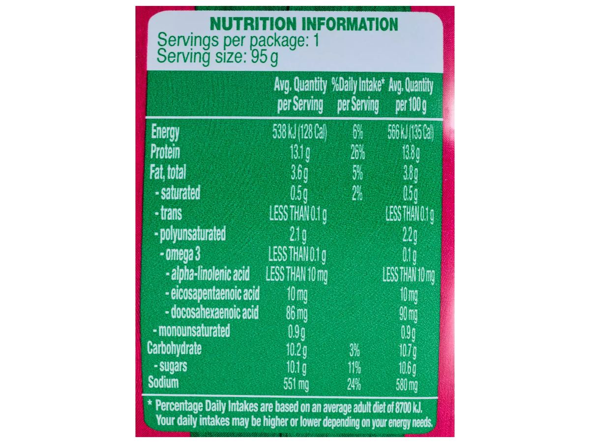 Pack photograph of PORTVIEW Sweet Chilli & Onion Tuna 95g showing the printed nutrition panel