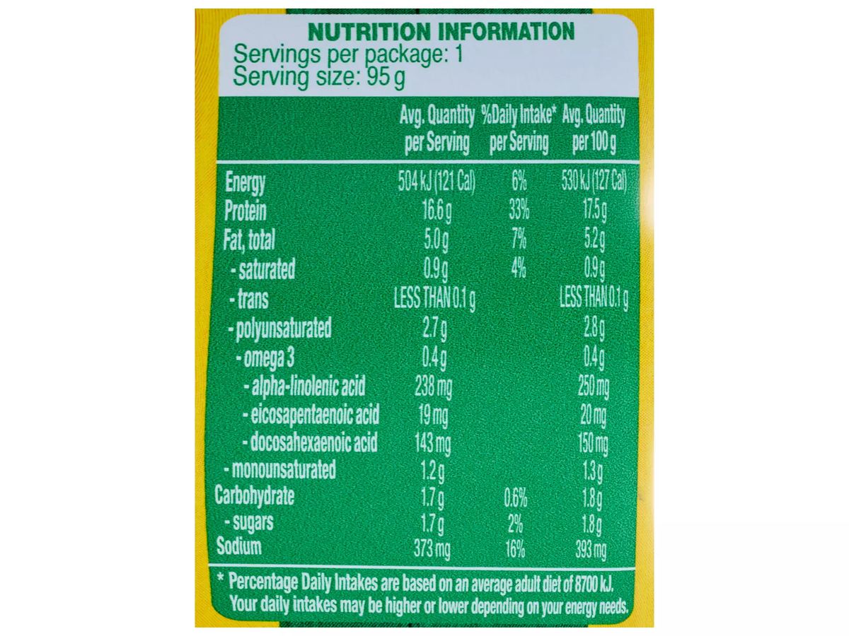 Pack photograph of PORTVIEW Lemon & Pepper Tuna 95g showing the printed nutrition panel