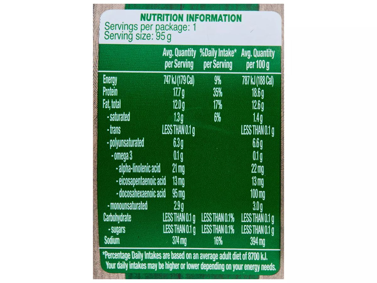 Pack photograph of PORTVIEW Smoked Flavoured Tuna in Oil 95g showing the printed nutrition panel