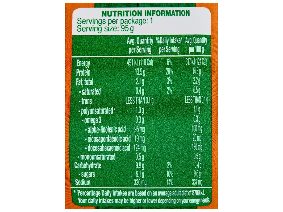 Pack photograph of PORTVIEW Mango Chilli Tuna 95g showing the printed nutrition panel