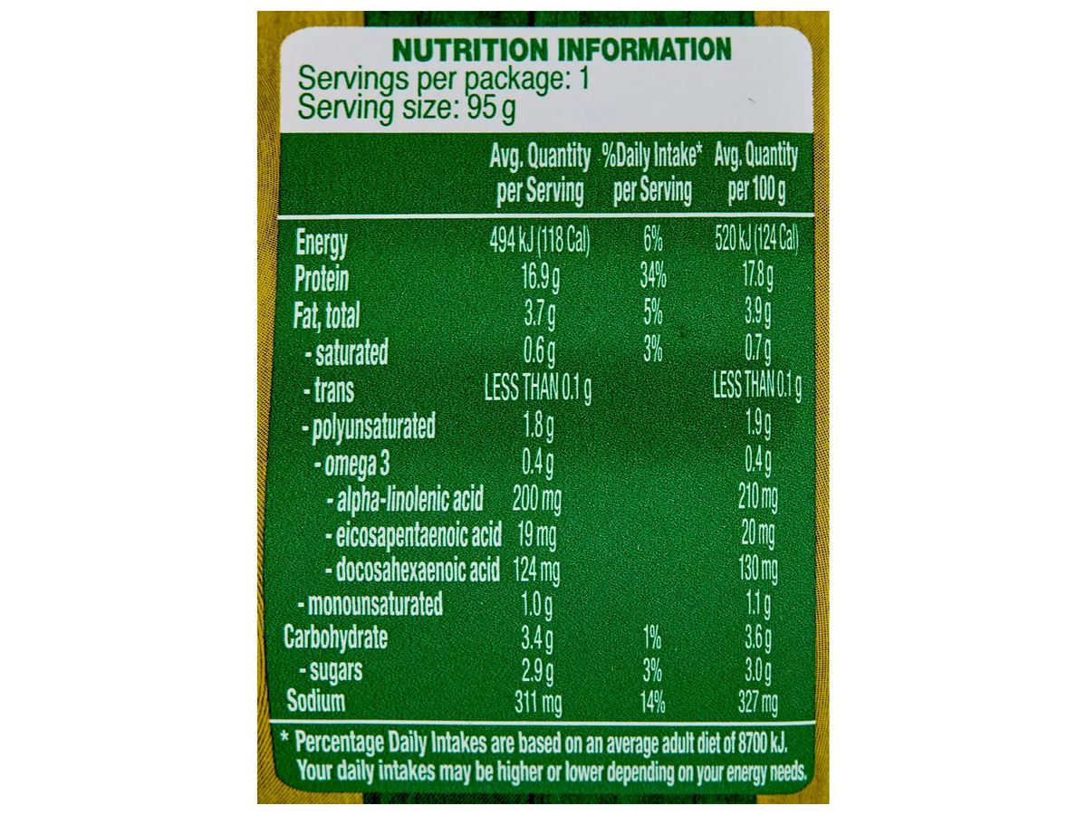 Pack photograph of PORTVIEW Seeded Mustard Tuna 95g showing the printed nutrition panel