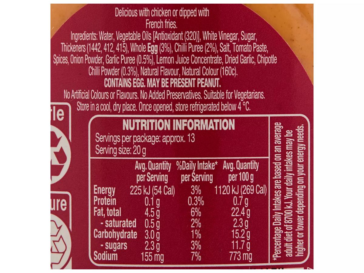 Pack photograph of COLWAY Smokey Chipotle Mayonnaise 252g showing the printed nutrition panel