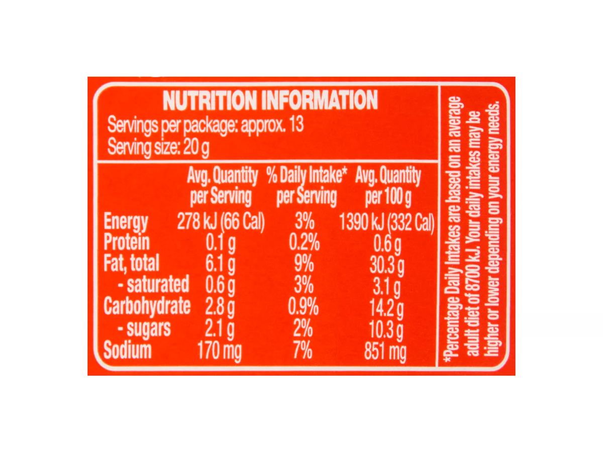 Pack photograph of COLWAY Peri Peri Flavoured Mayonnaise 252g showing the printed nutrition panel