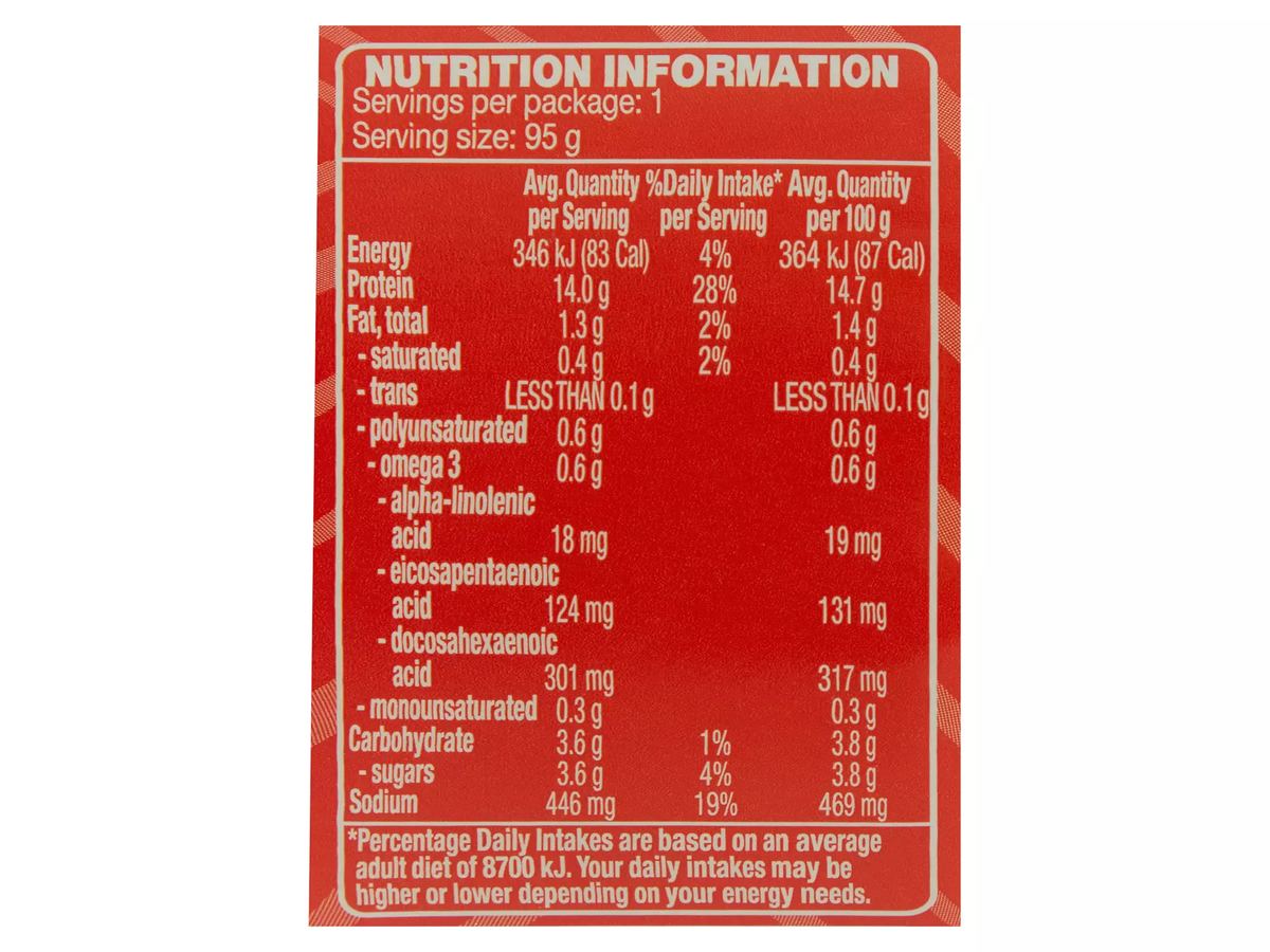 Pack photograph of OCEAN RISE Sweet Chilli Salmon 95g showing the printed nutrition panel
