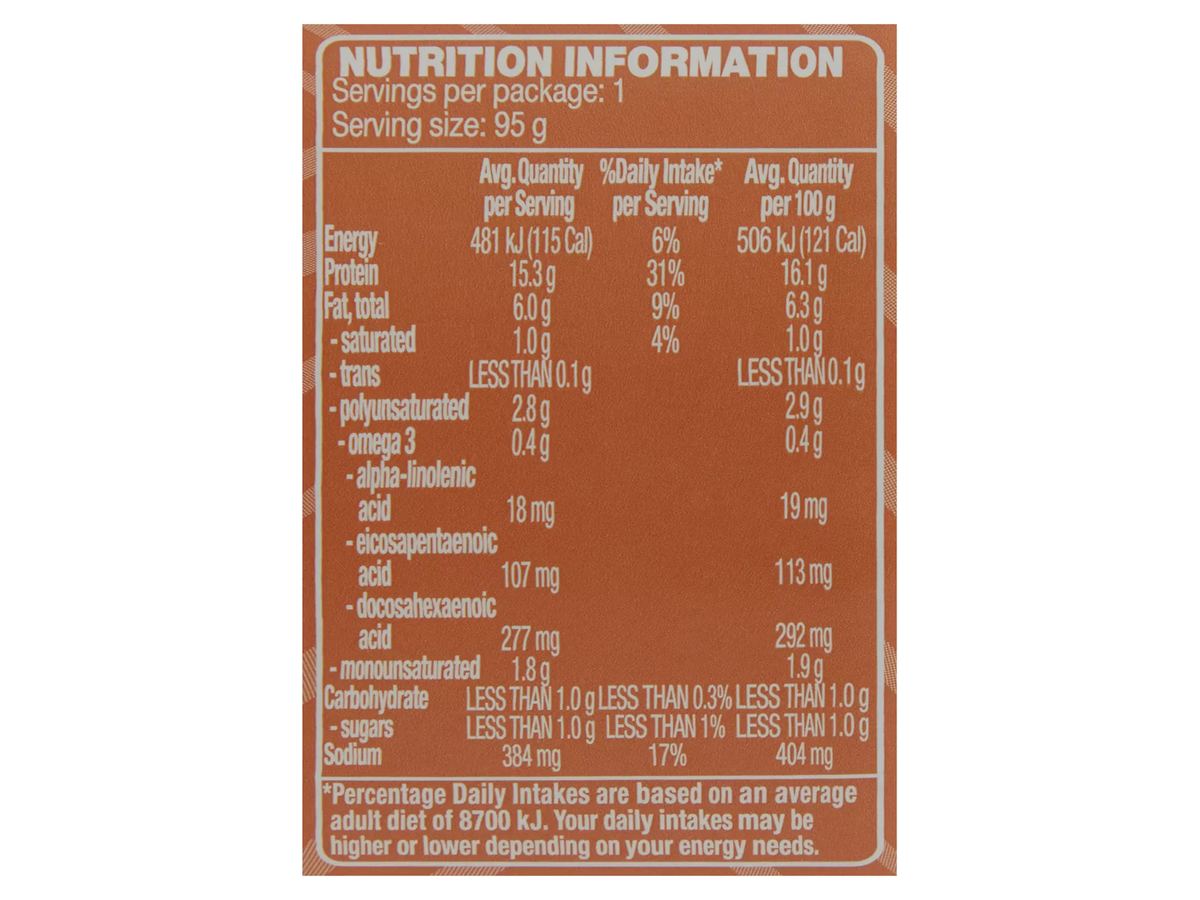 Pack photograph of OCEAN RISE Smoked Flavoured Salmon 95g showing the printed nutrition panel