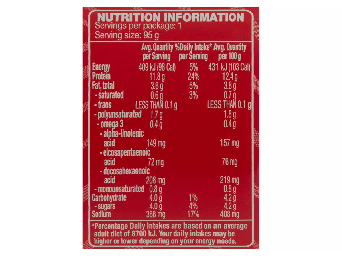 Pack photograph of OCEAN RISE Tomato Salsa Salmon 95g showing the printed nutrition panel