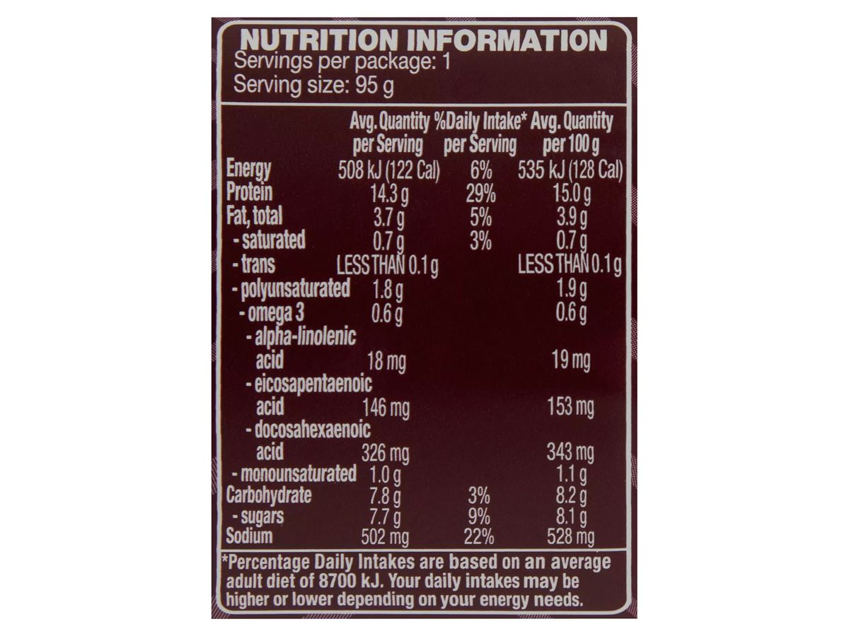 Pack photograph of OCEAN RISE Soy Sauce Ginger & Garlic Salmon 95g showing the printed nutrition panel