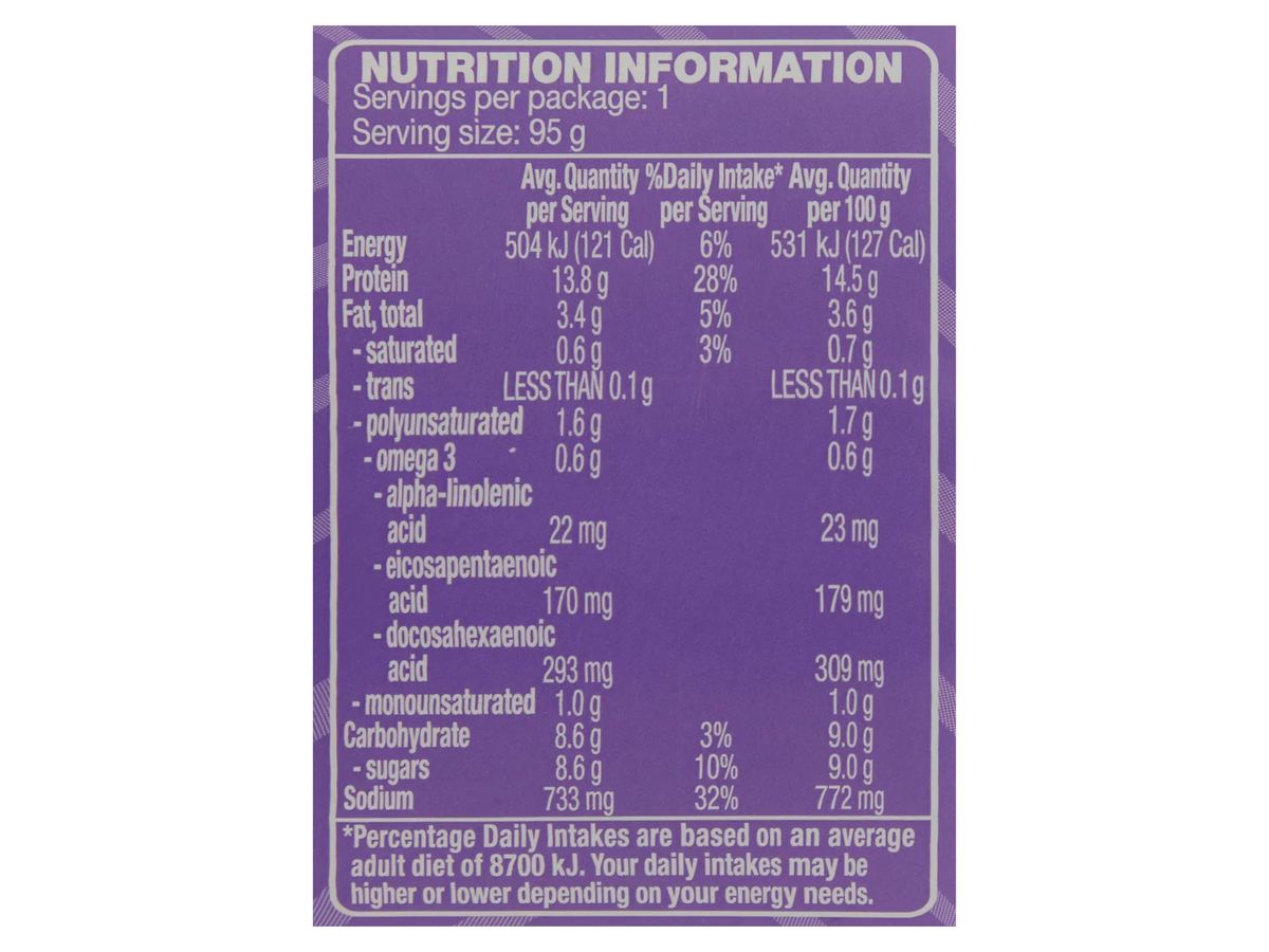 Pack photograph of OCEAN RISE Teriyaki And Garlic Salmon 95g showing the printed nutrition panel