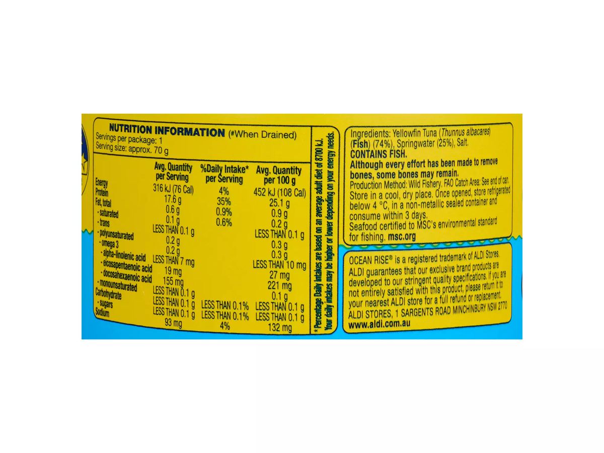Pack photograph of OCEAN RISE Yellowfin Tuna in Springwater 95g showing the printed nutrition panel