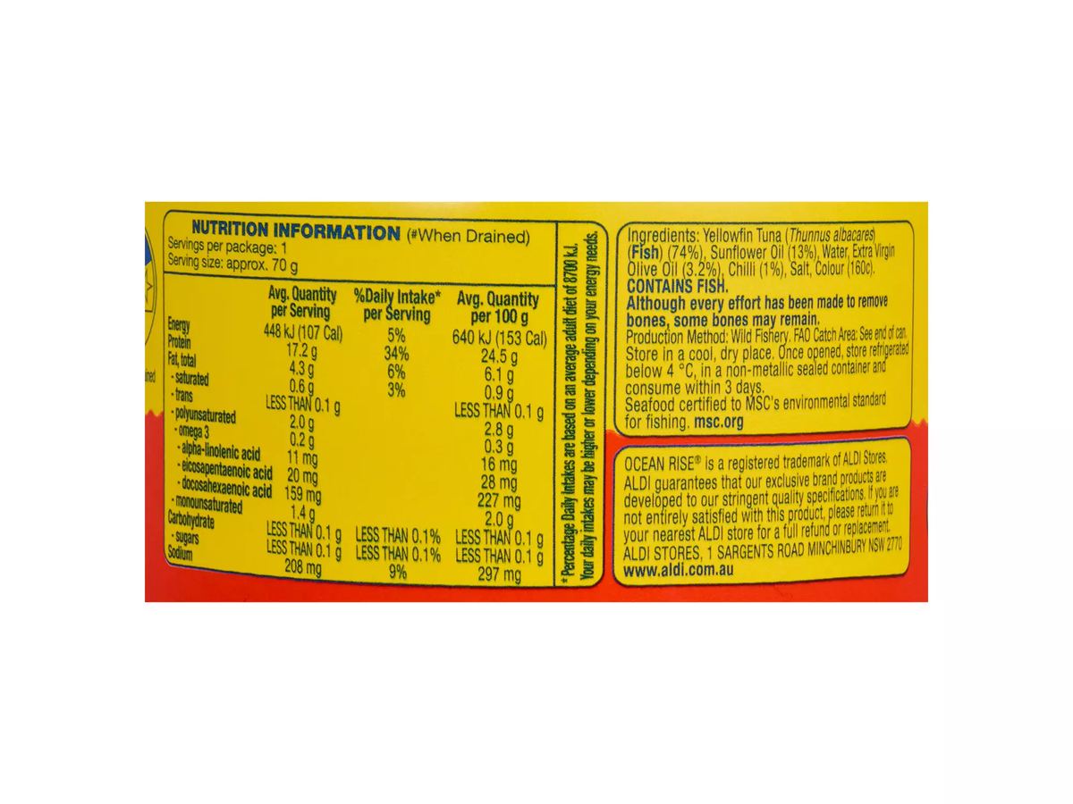 Pack photograph of OCEAN RISE Yellowfin Tuna In Oil with Chilli 95g showing the printed nutrition panel