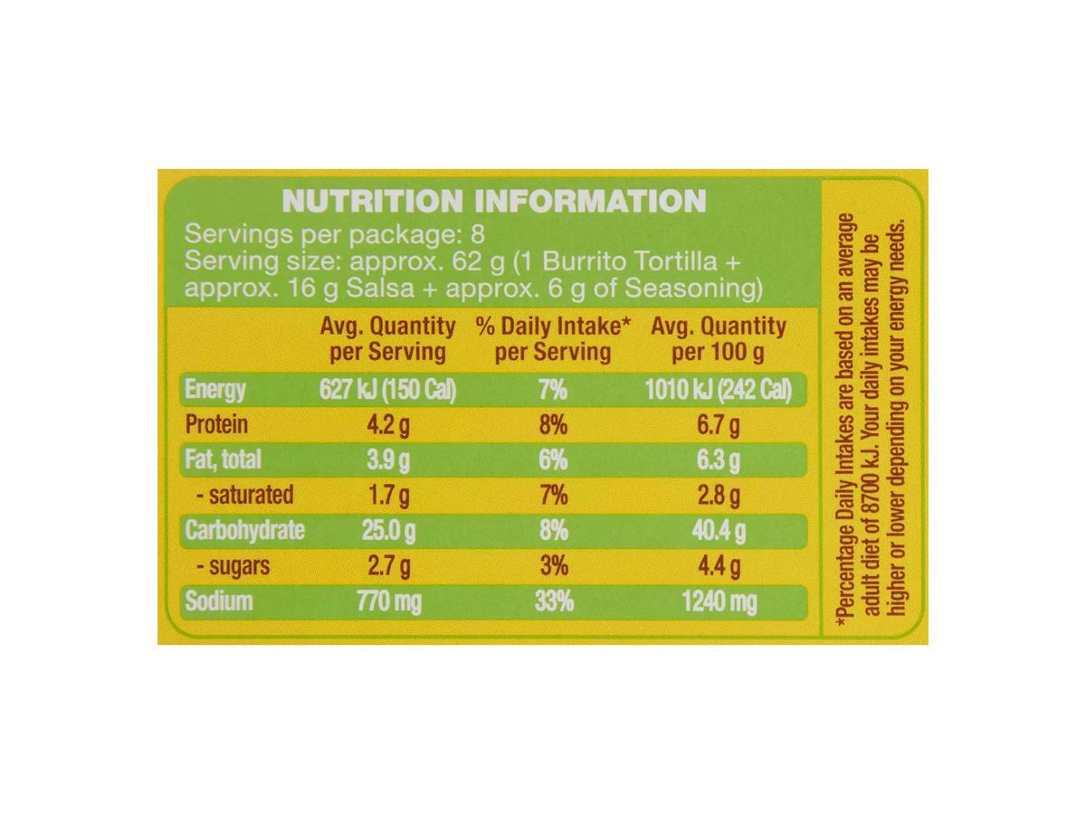 Pack photograph of EL TORA Mexican Burrito Kit 495g showing the printed nutrition panel