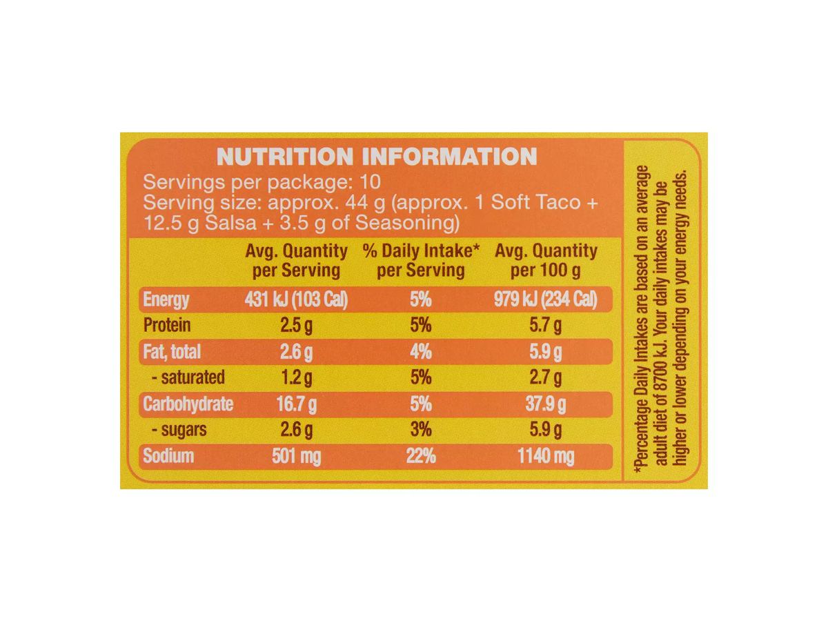 Pack photograph of EL TORA Mexican Soft Taco Kit 440g showing the printed nutrition panel