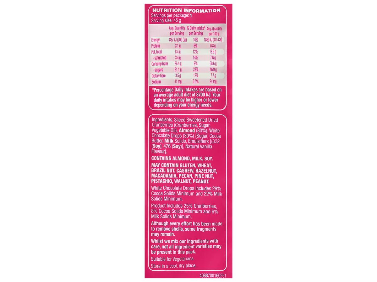Pack photograph of FORRESTERS On The Go Trail Mix 45g showing the printed nutrition panel