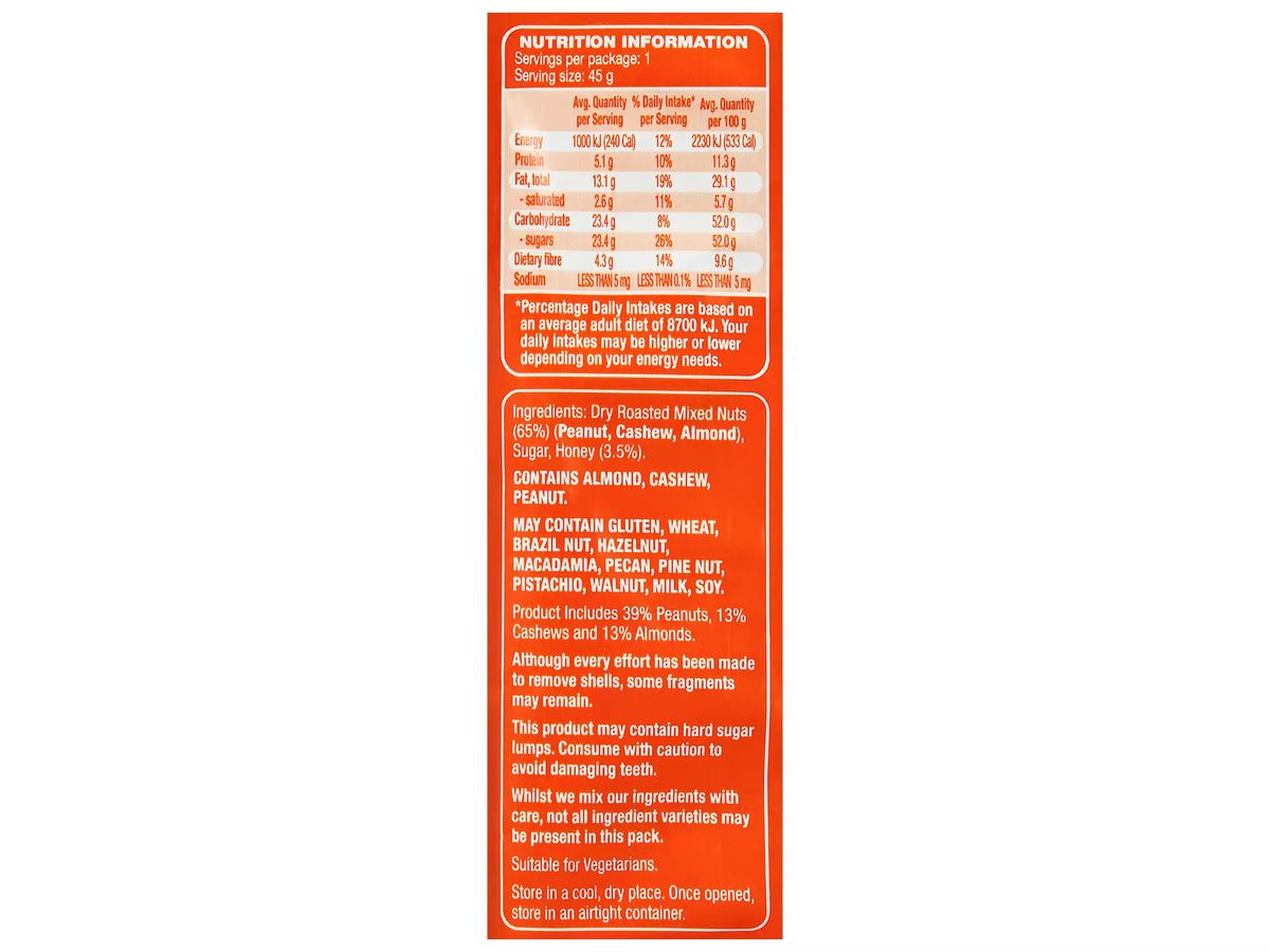 Pack photograph of FORRESTERS On The Go Dry Roasted Honey Mixed Nuts 45g showing the printed nutrition panel
