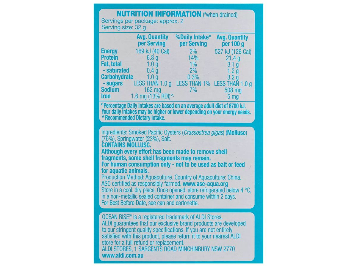 Pack photograph of OCEAN RISE Smoked Oysters in Springwater 85g showing the printed nutrition panel