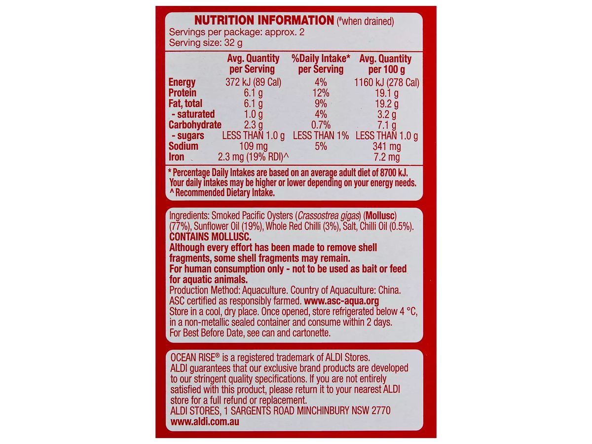 Pack photograph of OCEAN RISE Smoked Oysters in Chilli Oil 85g showing the printed nutrition panel