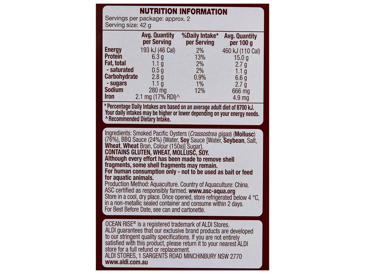 Pack photograph of OCEAN RISE Smoked Oysters in BBQ Sauce 85g showing the printed nutrition panel