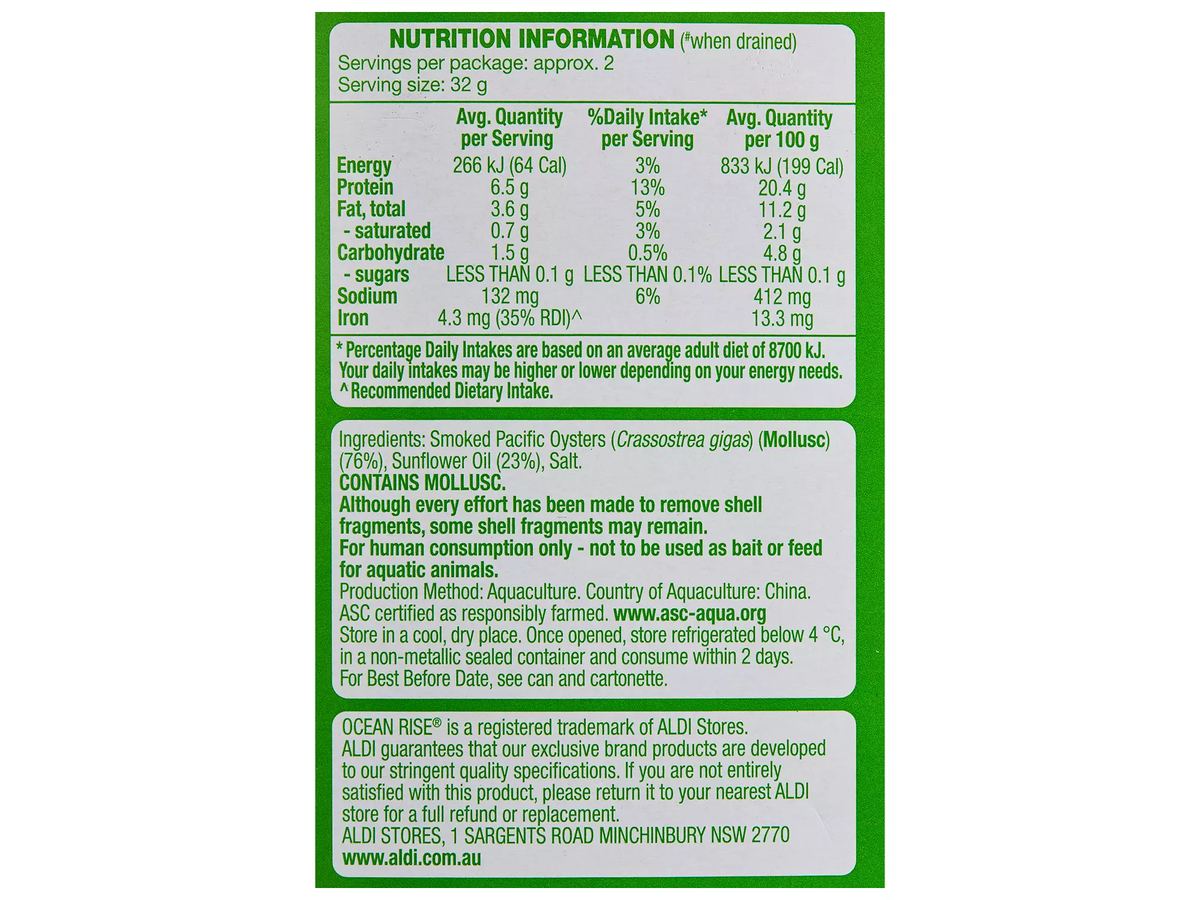 Pack photograph of OCEAN RISE Smoked Oysters in Oil 85g showing the printed nutrition panel