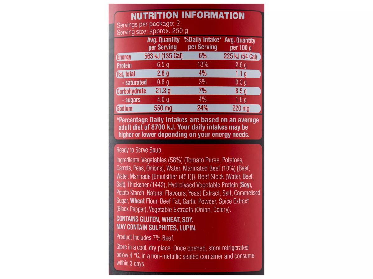 Pack photograph of THE SOUP CO. Chunky Beef Soup 505g showing the printed nutrition panel