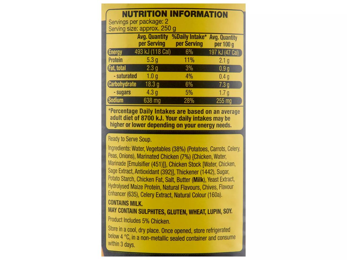 Pack photograph of THE SOUP CO. Chunky Chicken Soup 505g showing the printed nutrition panel