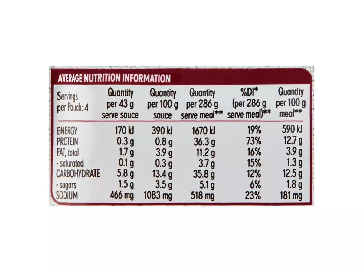Pack photograph of MASTERFOODS Beef Stroganoff Recipe Base175g showing the printed nutrition panel