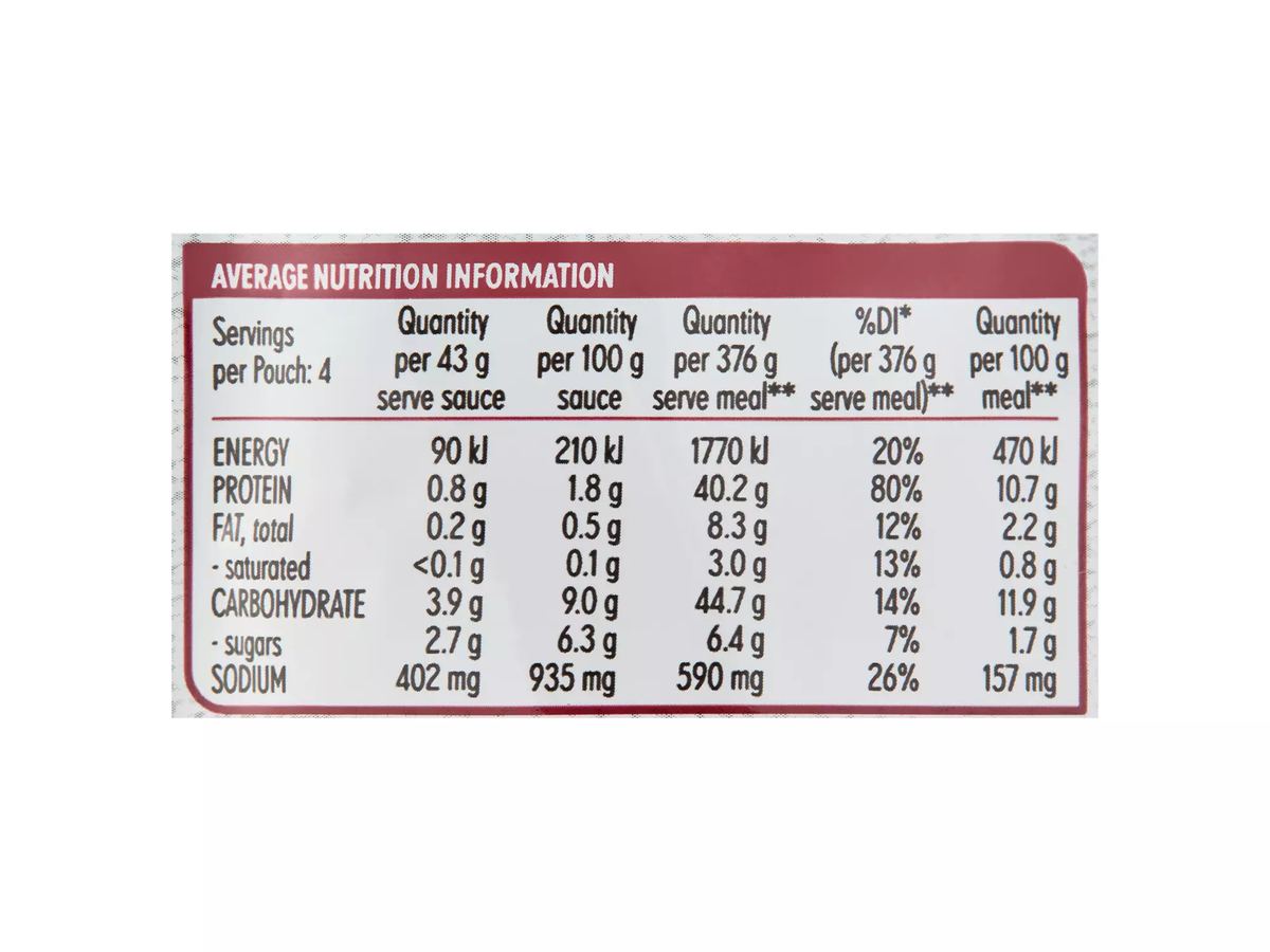 Pack photograph of MASTERFOODS Tuscan Meatballs Recipe Base 175g showing the printed nutrition panel