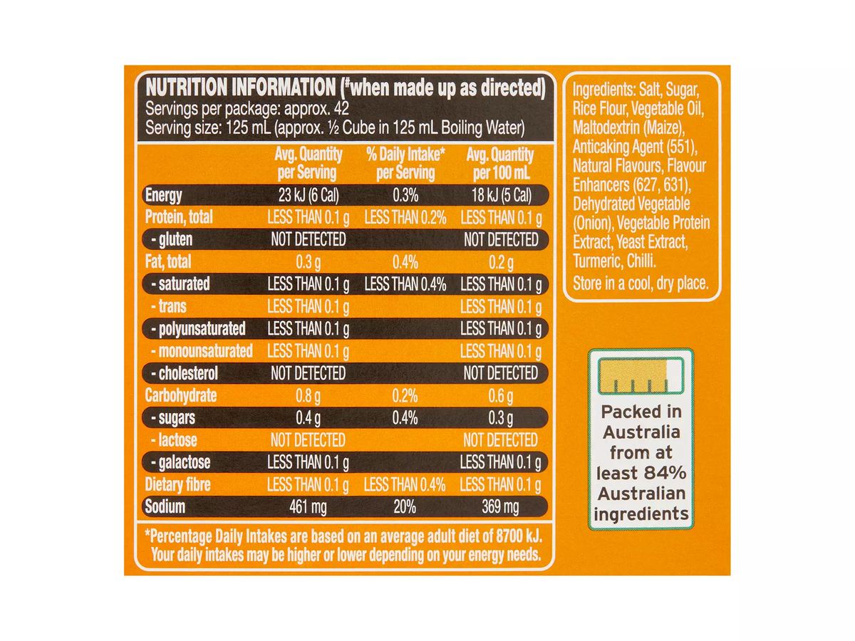 Pack photograph of CHEFS' CUPBOARD Chicken Flavour Stock Cubes 21 Pack 105g showing the printed nutrition panel