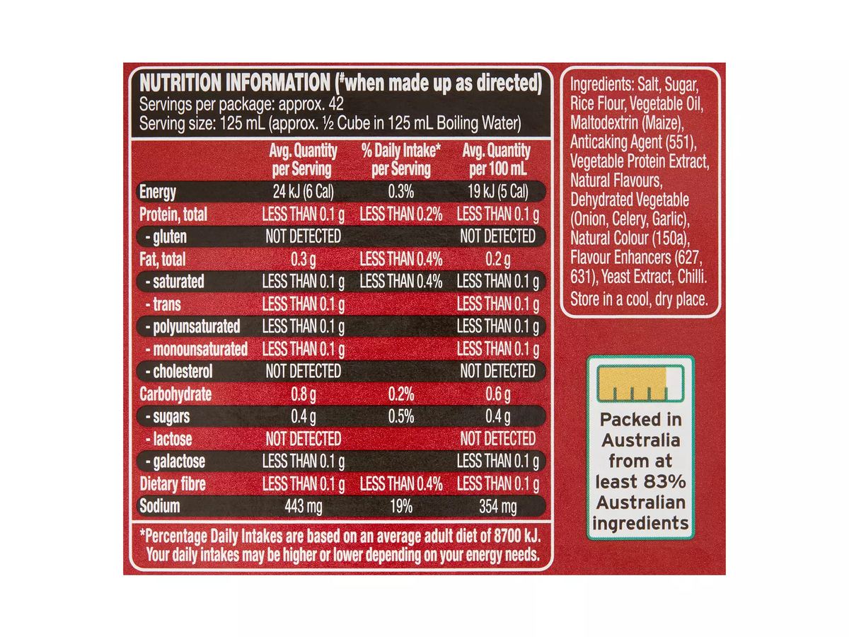 Pack photograph of CHEFS' CUPBOARD Beef Flavour Stock Cubes 21 Pack 105g showing the printed nutrition panel