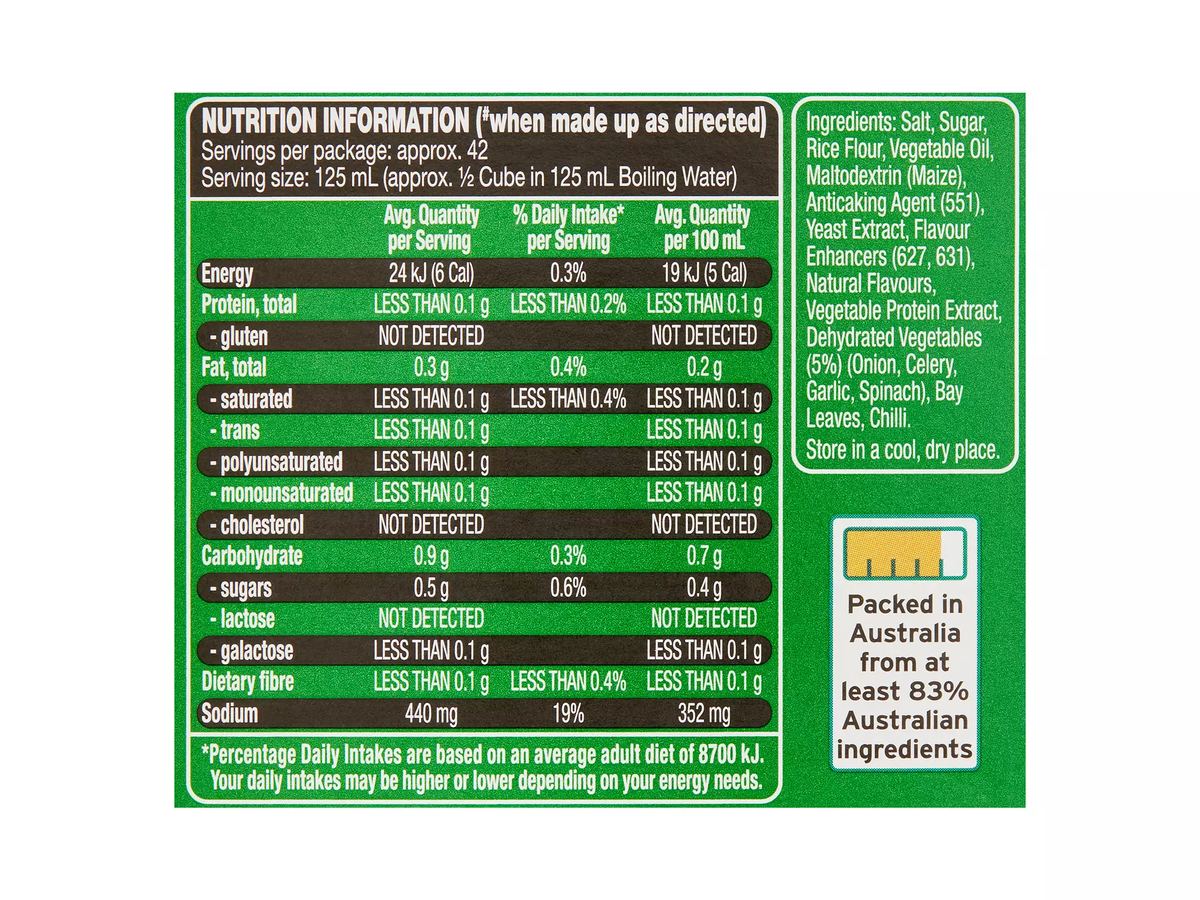 Pack photograph of CHEFS' CUPBOARD Vegetable Flavour Stock Cubes 21 Pack 105g showing the printed nutrition panel