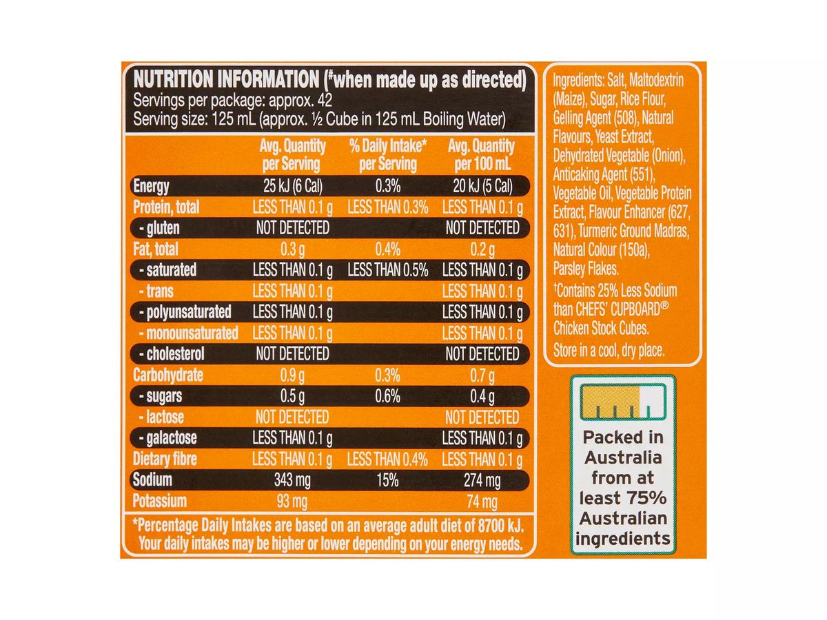 Pack photograph of CHEFS' CUPBOARD Salt Reduced Chicken Flavour Stock Cubes 21 Pack 105g showing the printed nutrition panel